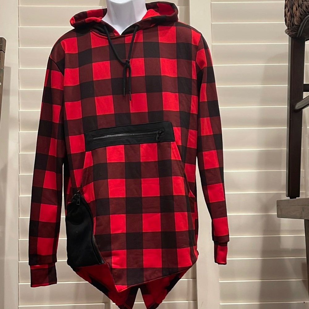 Hudson Outerwear Men's Red and Black Plaid Pullover Hoodie Size Medium